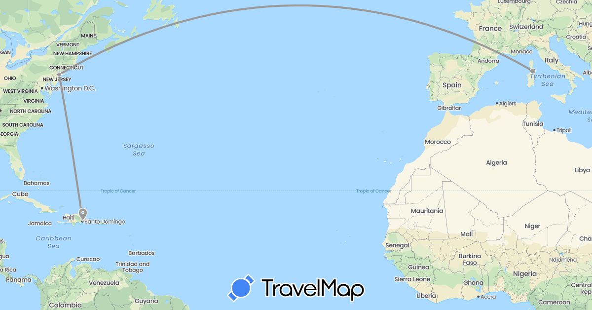 TravelMap itinerary: plane in Dominican Republic, Italy, United States (Europe, North America)